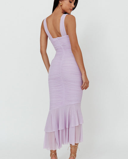 Lilac Ruched Fishtail Maxi Dress