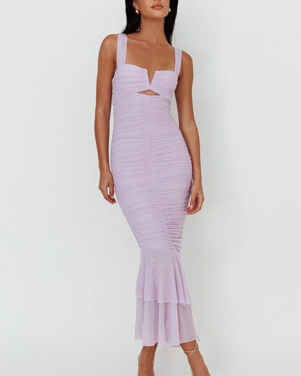 Lilac Ruched Fishtail Maxi Dress