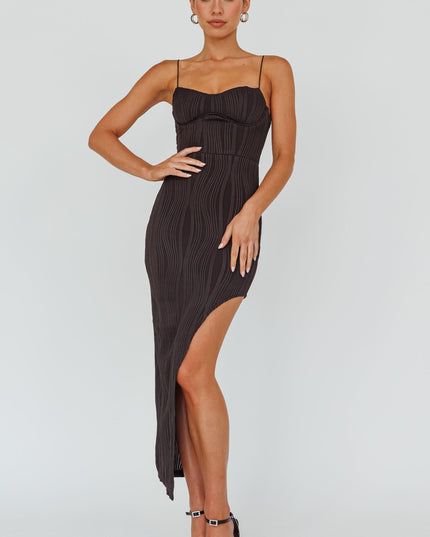 Black Silver Screen Queen Thigh Split Maxi Dress Stripe