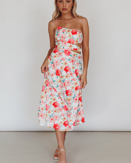 Pink One-Shoulder A-Line Midi Dress Floral
