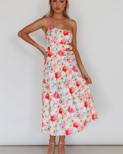 Pink One-Shoulder A-Line Midi Dress Floral