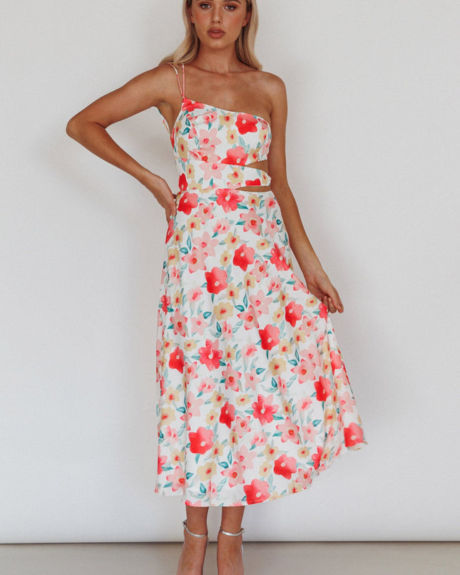 Pink One-Shoulder A-Line Midi Dress Floral