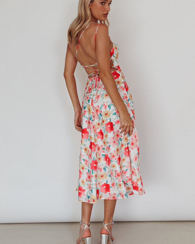 Pink One-Shoulder A-Line Midi Dress Floral
