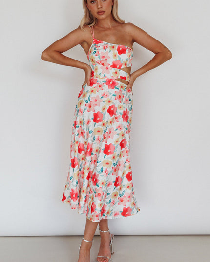 Pink One-Shoulder A-Line Midi Dress Floral
