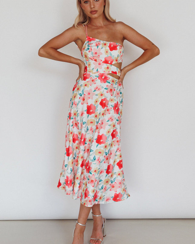Pink One-Shoulder A-Line Midi Dress Floral