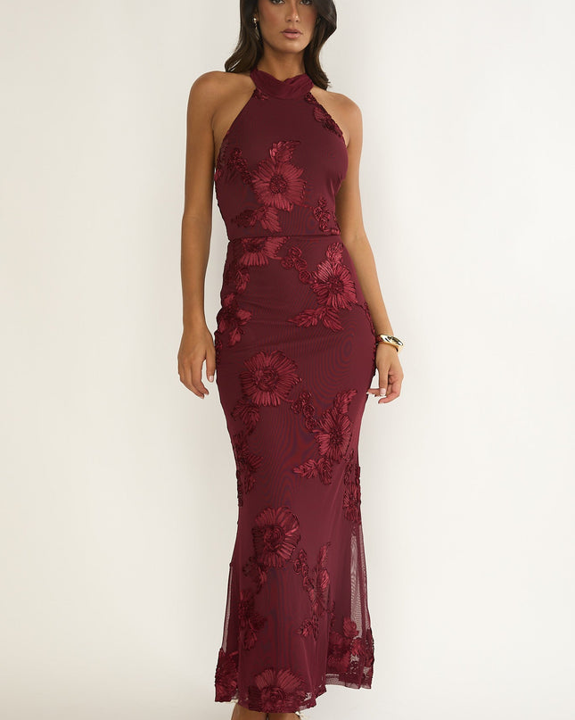 Wine Halterneck Maxi Dress Embellished