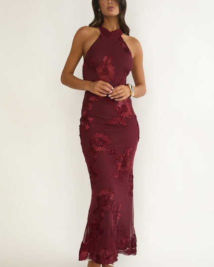 Wine Halterneck Maxi Dress Embellished