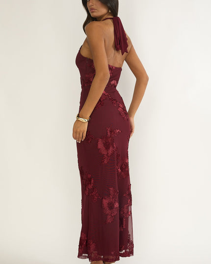 Wine Halterneck Maxi Dress Embellished