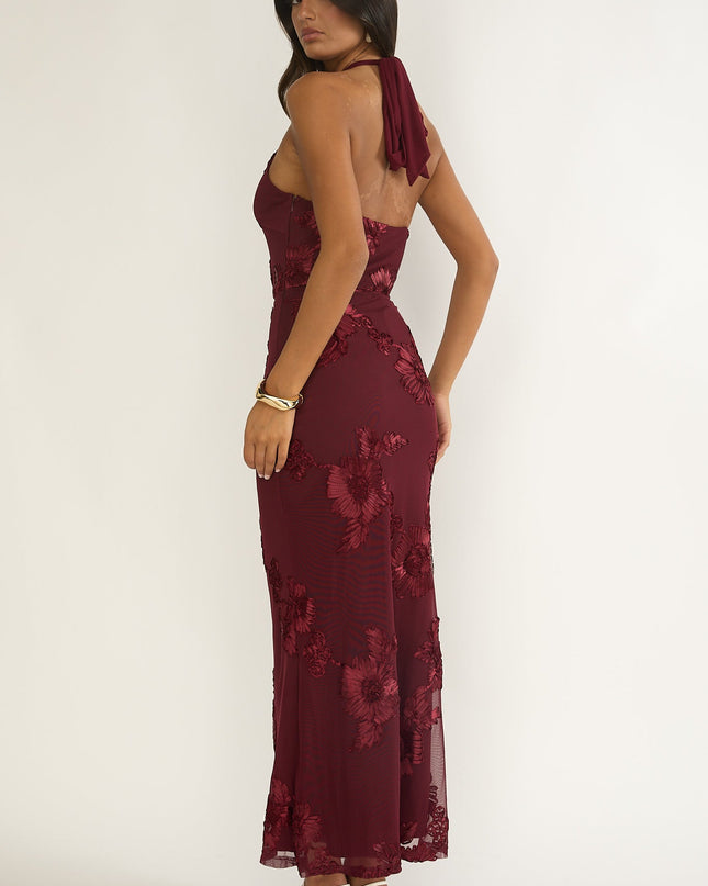Wine Halterneck Maxi Dress Embellished