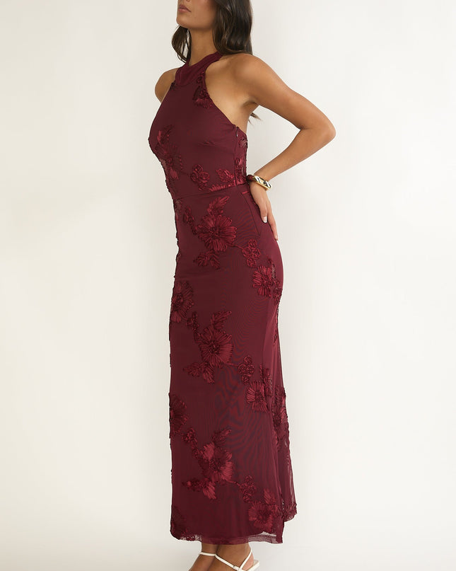 Wine Halterneck Maxi Dress Embellished