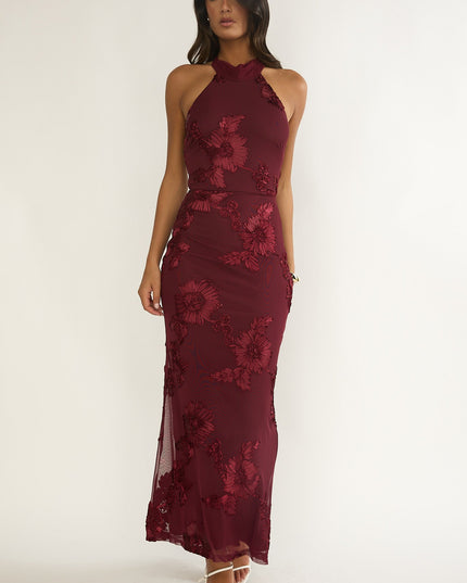 Wine Halterneck Maxi Dress Embellished