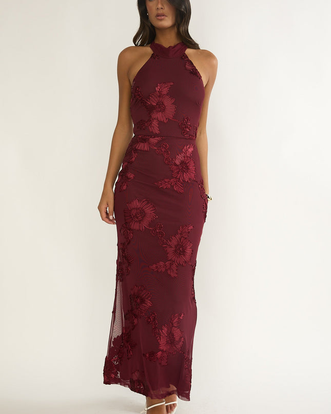 Wine Halterneck Maxi Dress Embellished