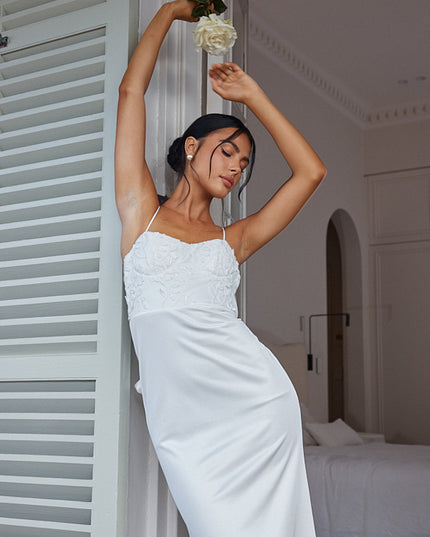 White Floral Applique Bodice Maxi Dress