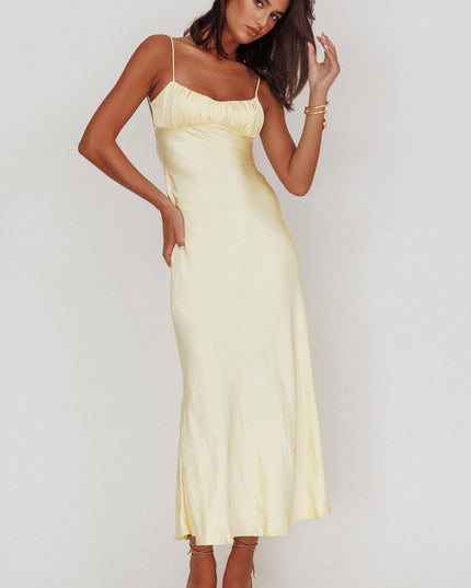 Lemon Twist Back Satin Maxi Dress
