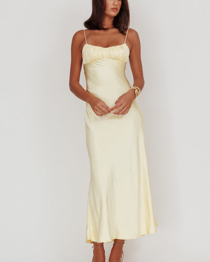Lemon Twist Back Satin Maxi Dress