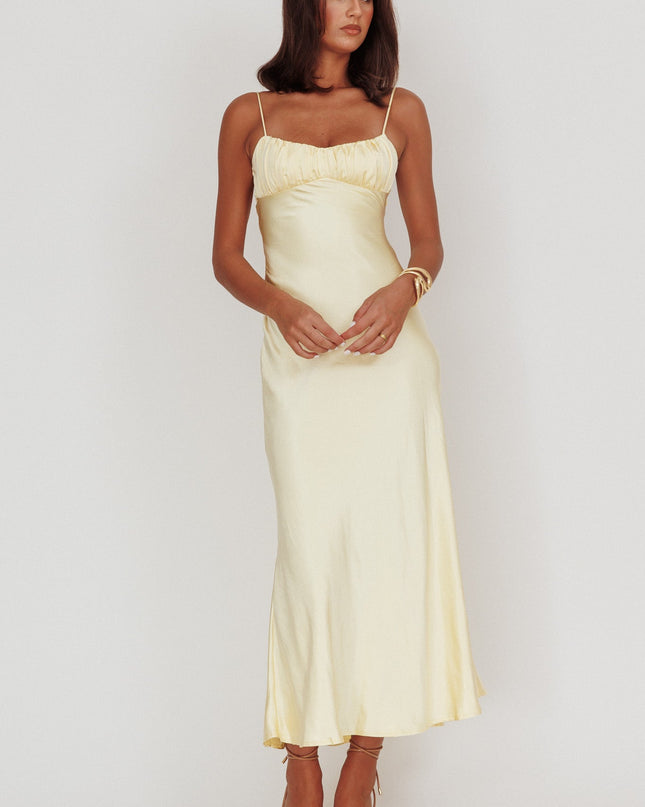Lemon Twist Back Satin Maxi Dress