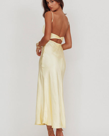 Lemon Twist Back Satin Maxi Dress