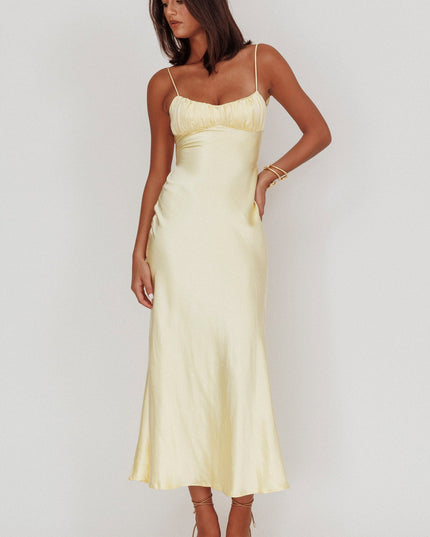 Lemon Twist Back Satin Maxi Dress