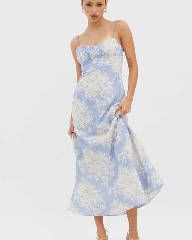 Blue Twist Back Midi Dress Floral