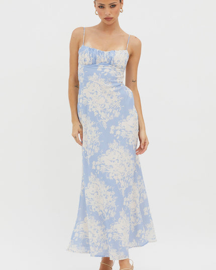 Blue Twist Back Midi Dress Floral