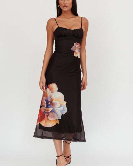 Black Gathered Bust Maxi Dress Flowers