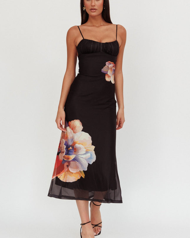 Black Gathered Bust Maxi Dress Flowers
