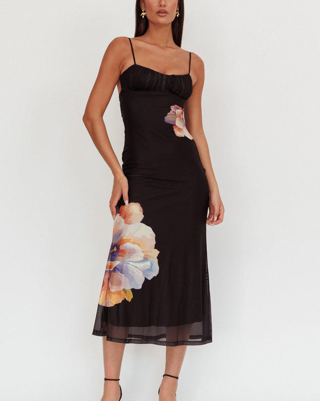 Black Gathered Bust Maxi Dress Flowers