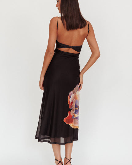 Black Gathered Bust Maxi Dress Flowers