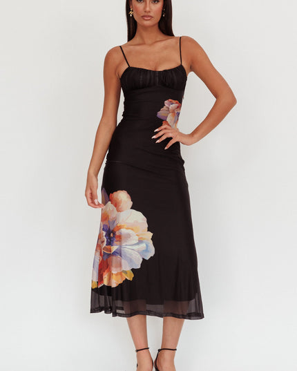 Black Gathered Bust Maxi Dress Flowers