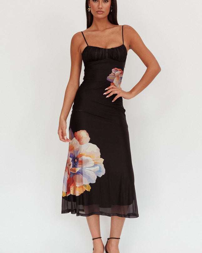Black Gathered Bust Maxi Dress Flowers