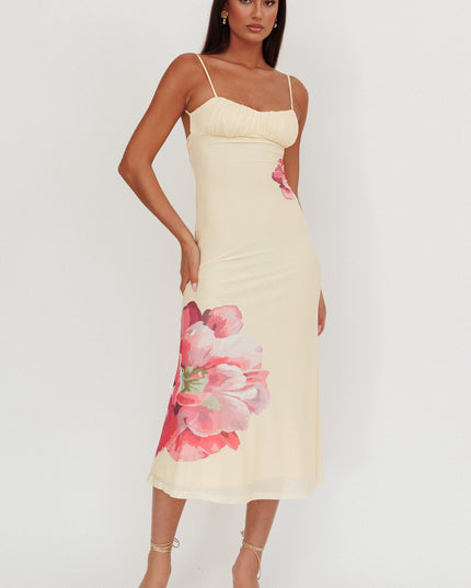 Yellow Gathered Bust Maxi Dress Flowers