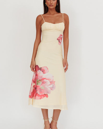 Yellow Gathered Bust Maxi Dress Flowers