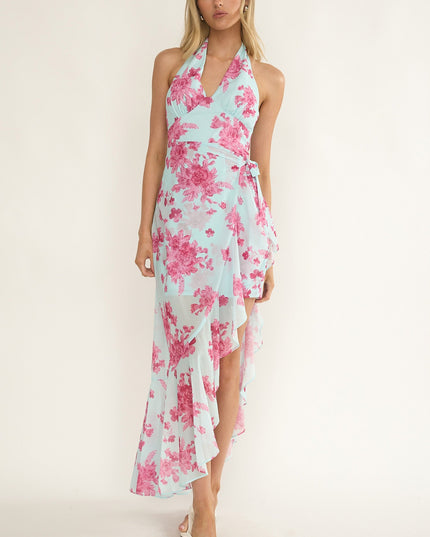 Ice Blue Waist Tie Asymmetric Dress Floral
