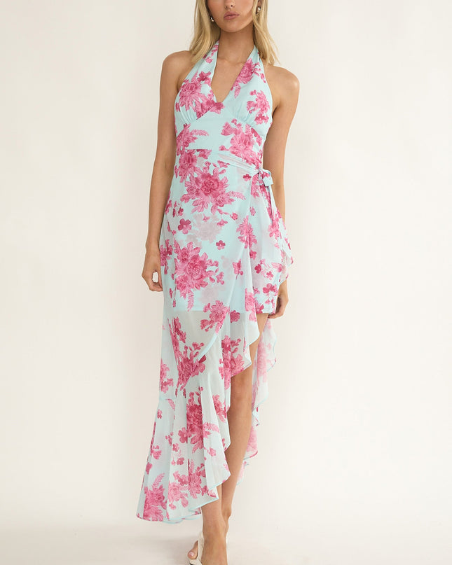 Ice Blue Waist Tie Asymmetric Dress Floral