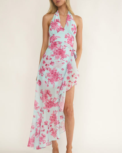 Ice Blue Waist Tie Asymmetric Dress Floral