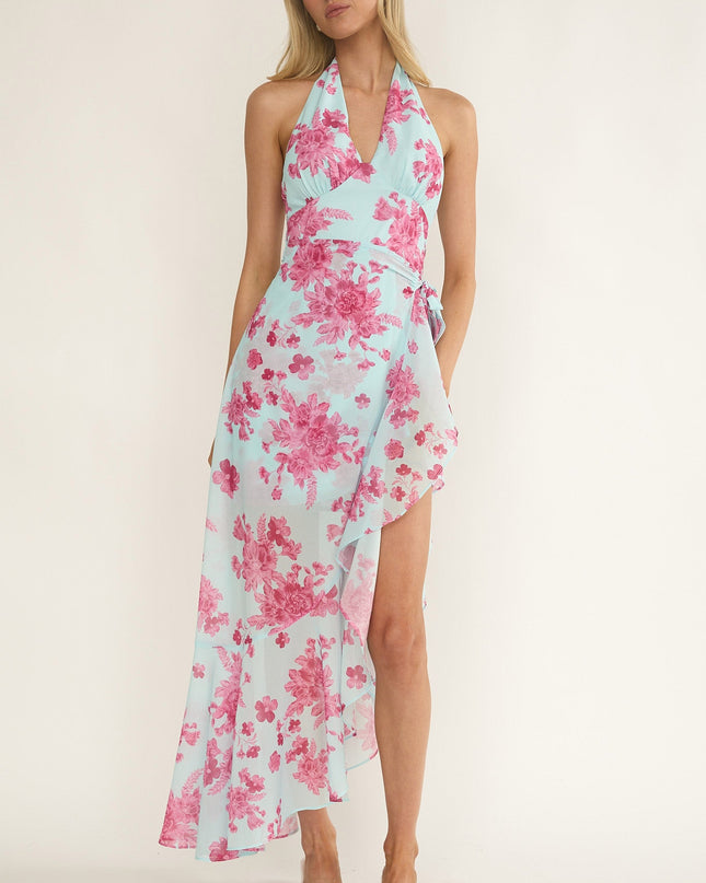 Ice Blue Waist Tie Asymmetric Dress Floral