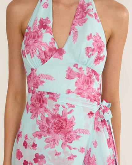 Ice Blue Waist Tie Asymmetric Dress Floral