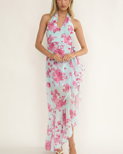 Ice Blue Waist Tie Asymmetric Dress Floral
