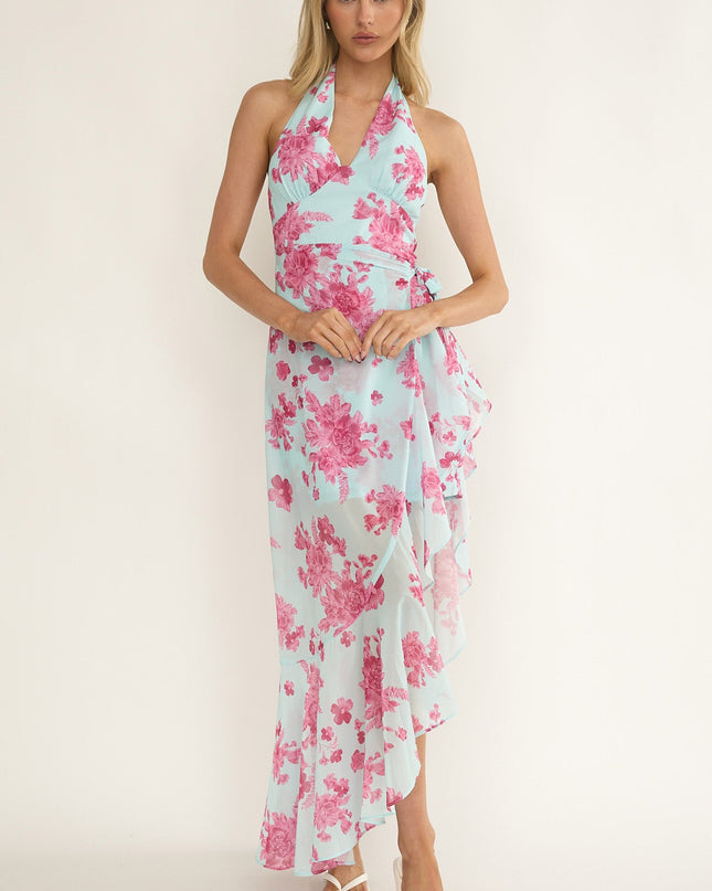Ice Blue Waist Tie Asymmetric Dress Floral