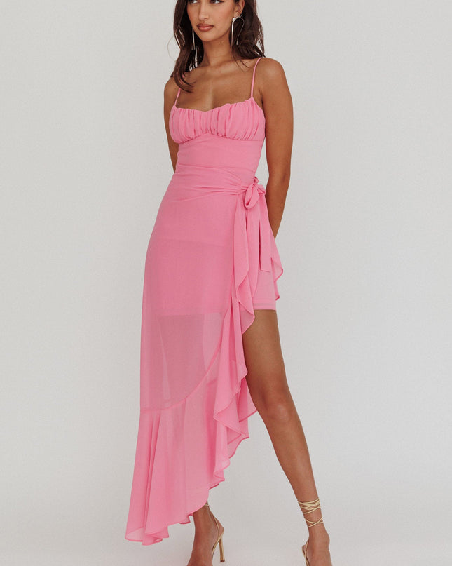 Pink Waist Tie Asymmetric Dress