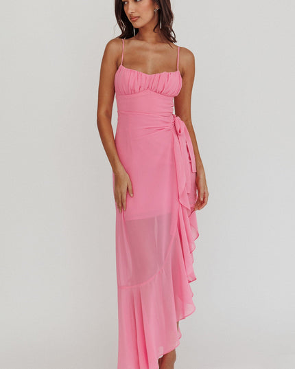 Pink Waist Tie Asymmetric Dress