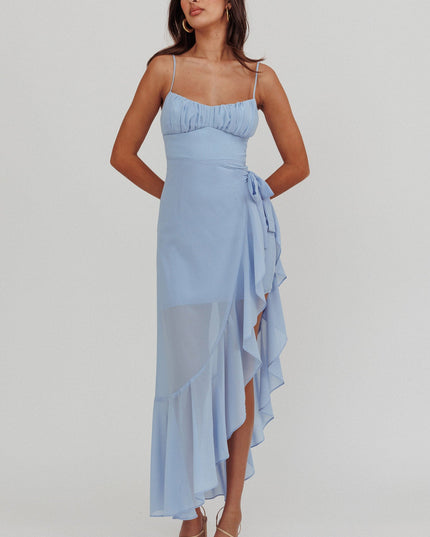 Steel Blue Waist Tie Asymmetric Dress