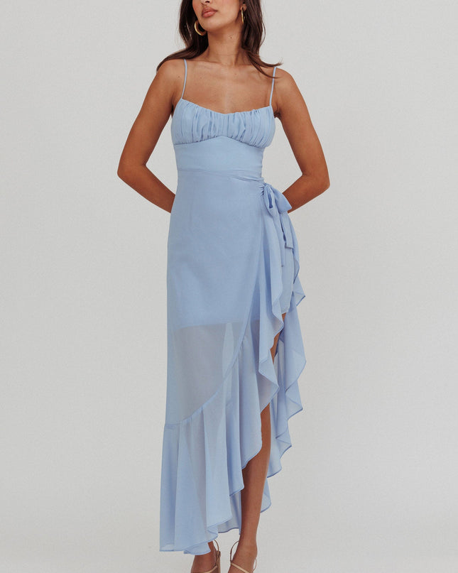 Steel Blue Waist Tie Asymmetric Dress