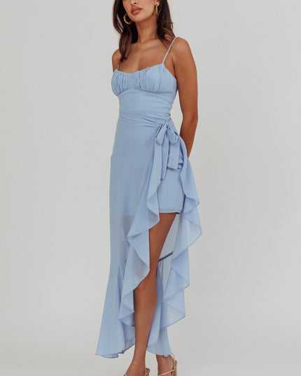 Steel Blue Waist Tie Asymmetric Dress