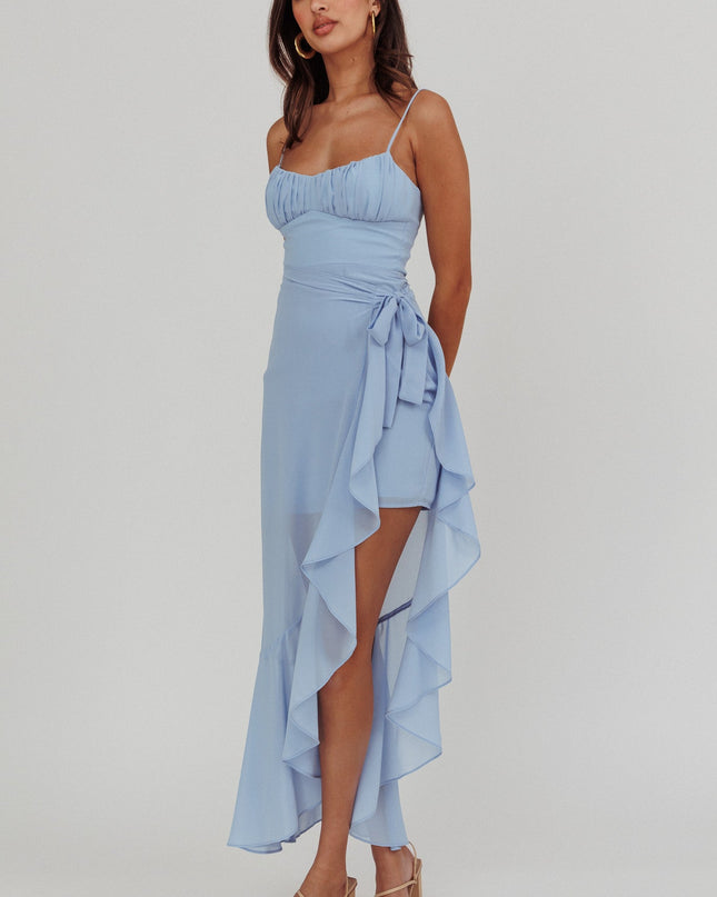 Steel Blue Waist Tie Asymmetric Dress