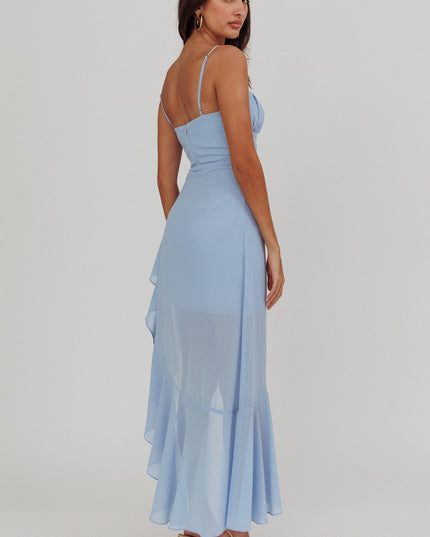 Steel Blue Waist Tie Asymmetric Dress
