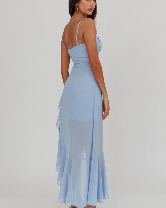 Steel Blue Waist Tie Asymmetric Dress