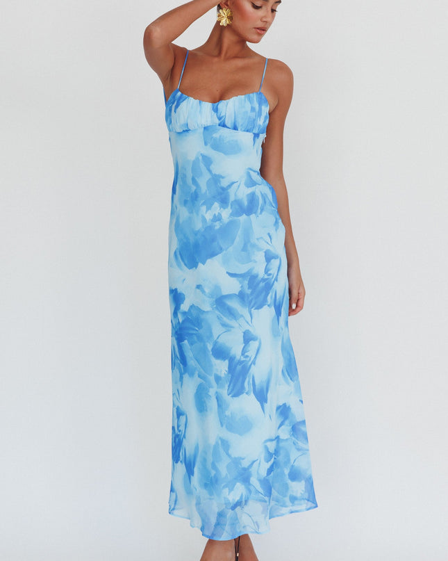 Blue Low Back Twist Maxi Dress