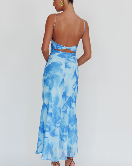 Blue Low Back Twist Maxi Dress
