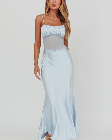 Blue Sheer Waist Back Twist Maxi Dress